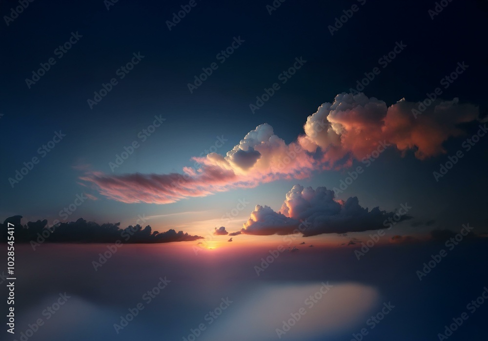 Aufkleber Sunset with a dark sky and a layer of clouds.  The clouds are lit by the sun with a soft pink hue.