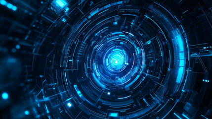 Obraz premium Abstract digital art of a glowing blue circular tunnel with complex patterns.