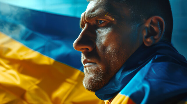 A saddened depressed unshaven man was thinking against the background of the flag of Ukraine. The blue and yellow striped Ukrainian flag. Close-up of a seriously upset football fan - Powered by Adobe