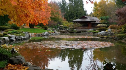 Autumnal Japanese Garden with Pond and Pavilion
