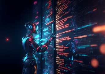 A futuristic robot with glowing blue and red lights interacts with a screen displaying lines of code.