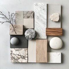 A collection of various textures including stone, wood, and marble displayed artistically for design inspiration.