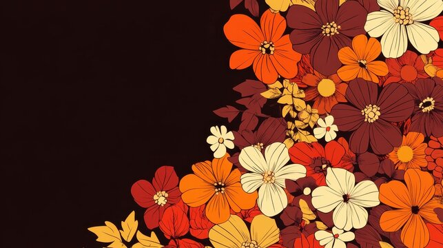 Colorful retro floral background with various flowers in warm tones on a dark backdrop, perfect for autumn themed designs.