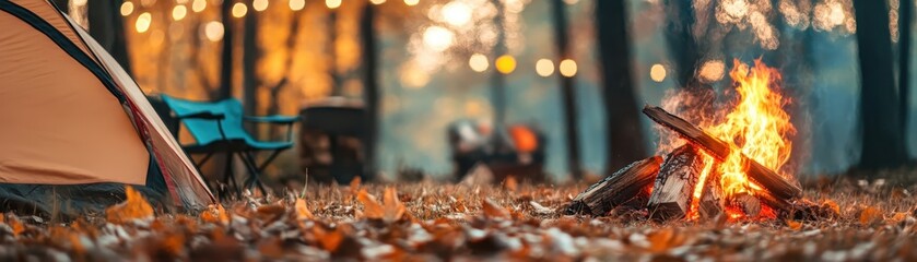 Cozy autumn camping scene with a tent, chairs, and a warm campfire in a forest surrounded by colorful fall foliage. Perfect for outdoor adventure themes.