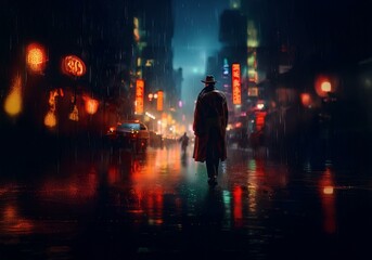 Fototapeta premium A lone figure in a trench coat walks through a rainy city street at night, illuminated by neon signs.