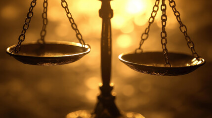 Close-up of scales of justice, one side tipping slightly, symbolizing balance and decision