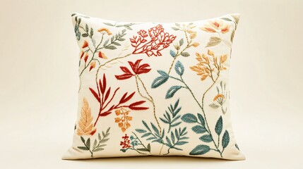 A square cushion with intricate embroidery, isolated against a soft cream background with subtle botanical illustrations