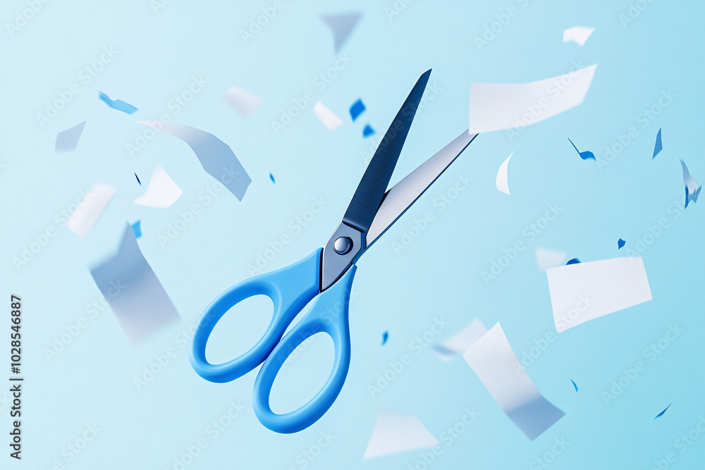 Wall mural blue scissors cutting paper - minimalist desk still life