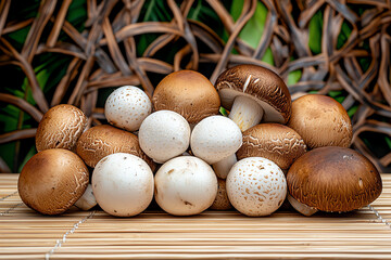 A variety of mushrooms arranged artistically on a wooden surface.