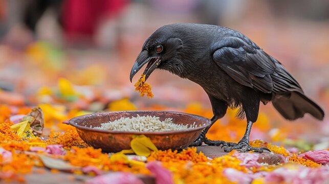 A crow eating rice offerings during Pitru Paksha ritual.