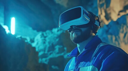 A construction worker immersed in virtual planning, wearing a VR headset and exploring a futuristic site