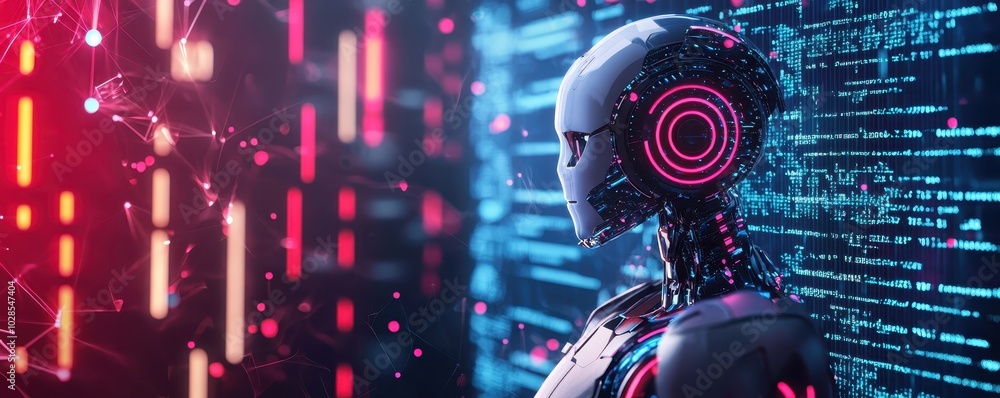 Poster futuristic ai robot head with digital interface, neon lights, and holographic brain, symbolizing adv