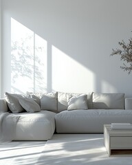 Minimalist Living Room with White Sofa, Natural Sunlight, and Soft Shadows, Perfect for Modern Interior Design, Real Estate Staging, and Tranquil Home Decor