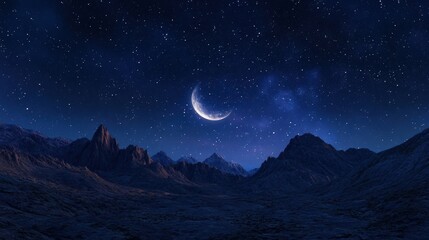 A serene night landscape featuring a crescent moon and starry sky over mountains.