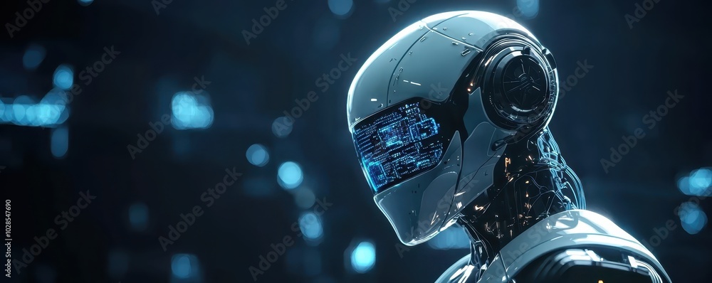 Poster futuristic robot with glowing blue lights, representing advanced ai and technology in a dark sci-fi 