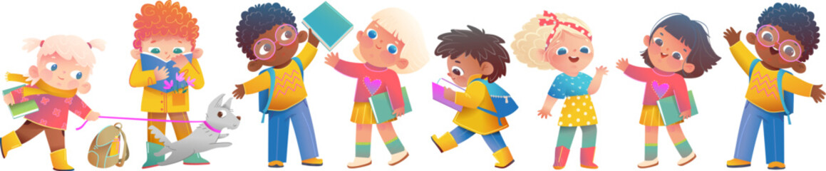 Collection of children multiracial characters reading books and cheering. Character design for children. Kids education and learning character design. Isolated vector set for school and kindergarten.