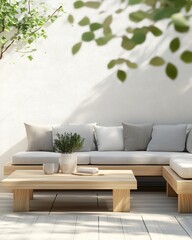 Serene Outdoor Patio with Wooden Furniture and Minimalist Decor, Perfect for Relaxation, Modern Exterior Design, and Garden Inspiration