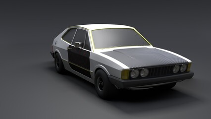 Cool looking old fashion car, front view studio render on black background. Bright modern car design. 3d illustration.