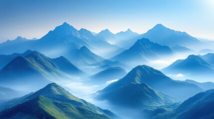 Obraz premium Majestic mountains covered with light mist, clear blue sky, and morning sunlight, ,