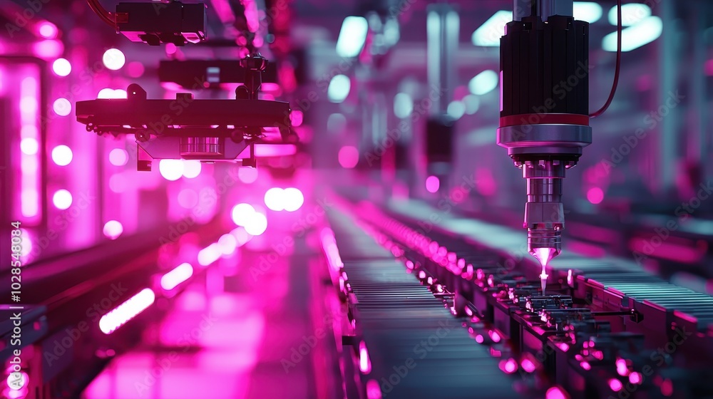 Poster high-tech manufacturing process with robotic automation and advanced machinery. pink lighting emphas
