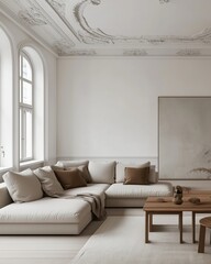 Elegant Living Room with Ornate Ceiling, Neutral Tones, and Modern Furniture, Ideal for Classic Interior Design, Luxury Home Decor, and Architectural Inspiration