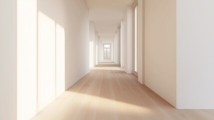Fototapeta premium Bright Minimalist Hallway with Large Windows and Natural Light, Perfect for Modern Architecture, Interior Design, and Real Estate Showcasing