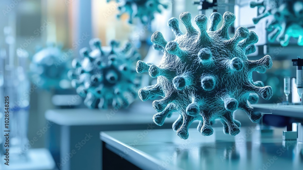 Poster microscopic view of a virus in a laboratory setting, detailed and intricate structure.