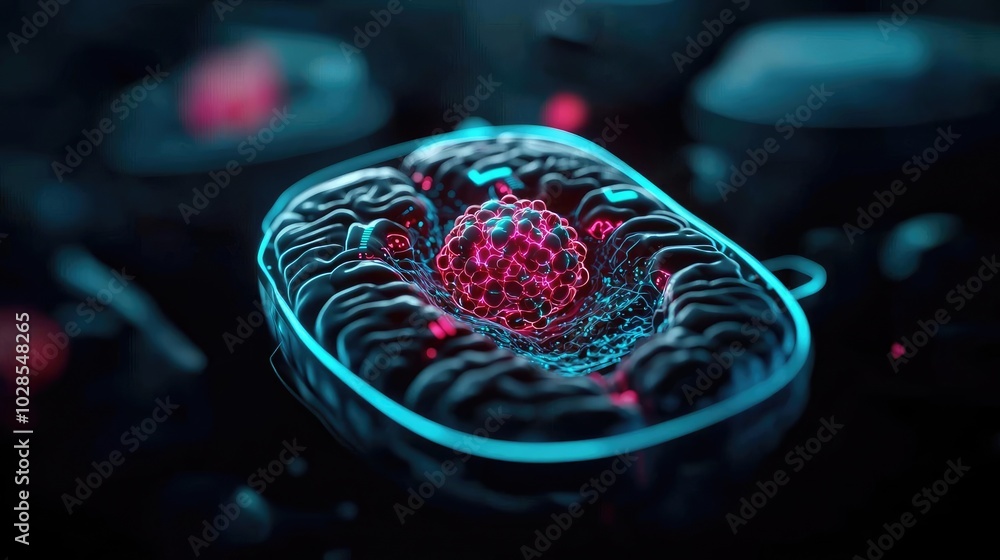 Poster close-up view of a cell with glowing structures on a dark background.