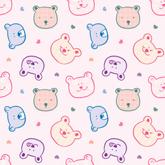 Seamless Pattern with Cartoon Bear Face and Heart Desogn on Light Pink Background