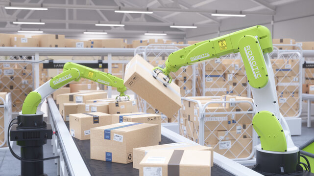Robots handling orders in an automated logistics center. Realistic 3D render.