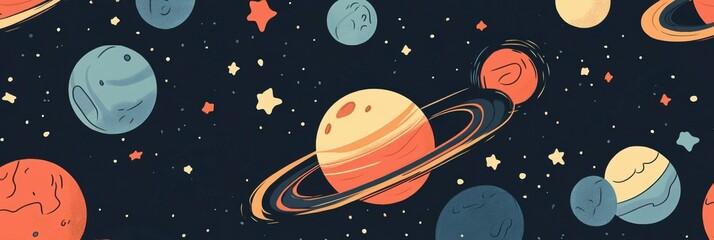 Celestial Harmony, a vibrant flat illustration pattern featuring planets, moons, and stars creating a whimsical night sky atmosphere