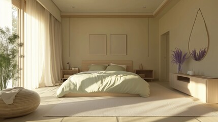 Tranquil Minimalist Bedroom with Natural Light, Soft Bedding, and Neutral Decor, Ideal for Modern Interior Design, Relaxing Home Spaces, and Cozy Retreats