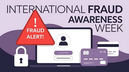 International Fraud Awareness Week cybersecurity alert with laptop and credit cards