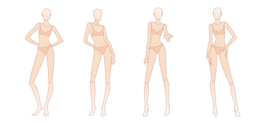 Female fashion figure templates. Full-length standing different poses front, side, and back views woman body fashion design. Technical drawing shape. Vector sketch line printable illustration
