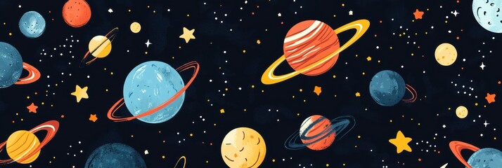 Celestial Harmony, a whimsical flat illustration pattern featuring planets, moons, and stars, creating a dreamy night sky atmosphere