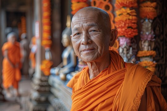 Elderly Buddhist monk with serene expression in temple