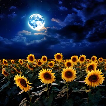 Sunflowers Under a Starry Night Sky, sunflower field, starry night, full moon, moonlit glow, silvery light, golden flowers, magical scene, night landscape, ethereal beauty, contrast