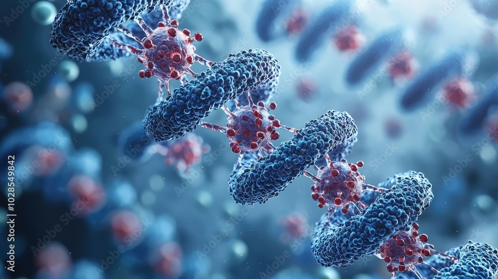 Poster microscopic view of dna helix with molecular structures, white isolate background