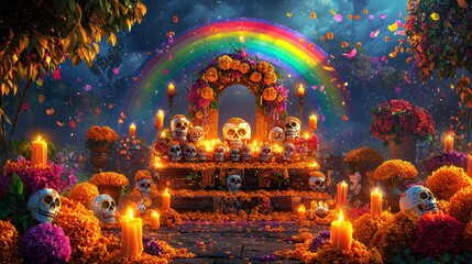 Obraz premium Vibrant Day of the Dead altar with colorful marigolds, candles, sugar skulls, and a rainbow at night. Celebration of life and death.