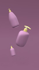 Elegant cosmetic bottles flying in the air on violet background. Modern cover design. 3d illustration.