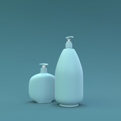 Elegant cosmetic bottles closeup on green background. Modern cover design. 3d illustration.