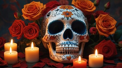 Dark mystical illustration of a dead painted calavera skull decorated by colorful flowers and lighting candles. Traditional Mexican Santa Muerte, Dia dos Muertos colorful illustration.