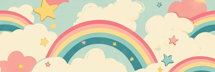 Pastel Dreamscape, a whimsical flat illustration pattern featuring rainbows, clouds, and stars in soft, soothing colors, perfect for cheerful designs