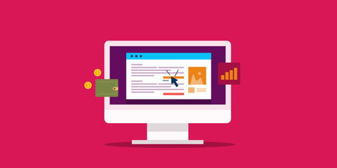 Website click rate optimization, increase conversion rate by improving web page content format, site speed and meta tags, conceptual SEO vector illustration.