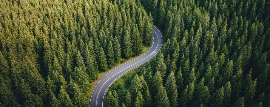 Aerial view of a winding road through a dense evergreen forest.