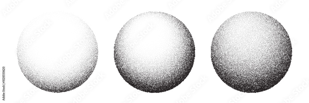 Poster dot grain texture circles vector set. abstract black spheres with gradient stipple pattern, globes w