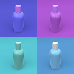 Elegant cosmetic bottles on colored backgrounds. Modern cover design. 3d illustration.