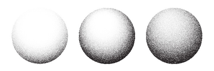Dot grain texture circles vector set. Abstract black spheres with gradient stipple pattern, globes with gradation to fade of monochrome grainy dots or noise dust on white background.