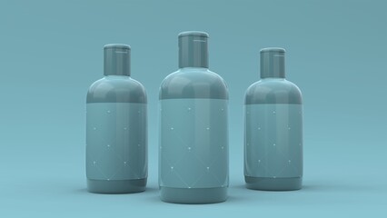 Elegant cosmetic bottles with label closeup on blue background. Modern cover design. 3d illustration.