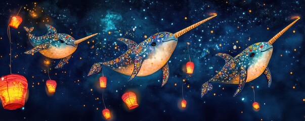 Whimsical illustration of narwhals swimming among lanterns in a night sky, creating a magical and dreamy atmosphere.